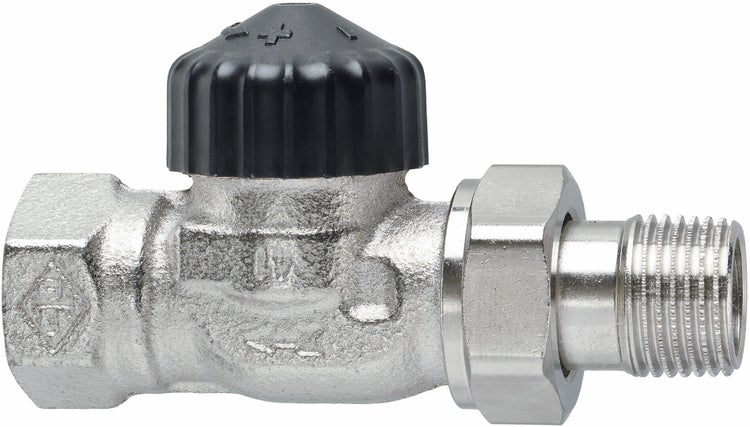 Heizkörper-Rücklaufverschraubung aus Metall mit schwarzer Kunststoffkappe und Einstellmarkierungen.