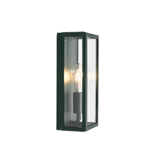 Moderne rechteckige Außenwandleuchte mit Metallrahmen und Glaseinsätzen inklusive leuchtendem Filament LED Leuchtmittel.