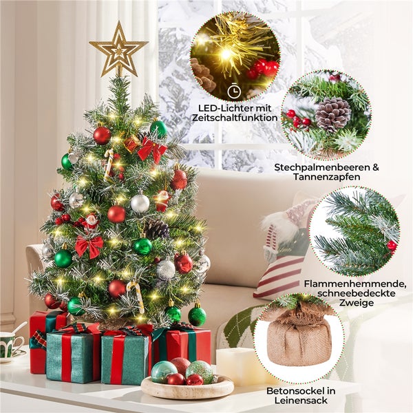 Dekorierter Weihnachtsbaum mit LED Lichtern, Baumschmuck und Geschenken