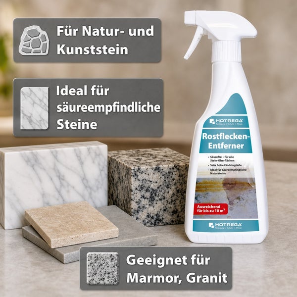 Hotrega Rostfleckenentferner Sprühflasche zur Reinigung von Natur und Kunststein sowie säureempfindlichen Steinoberflächen wie Marmor und Granit.