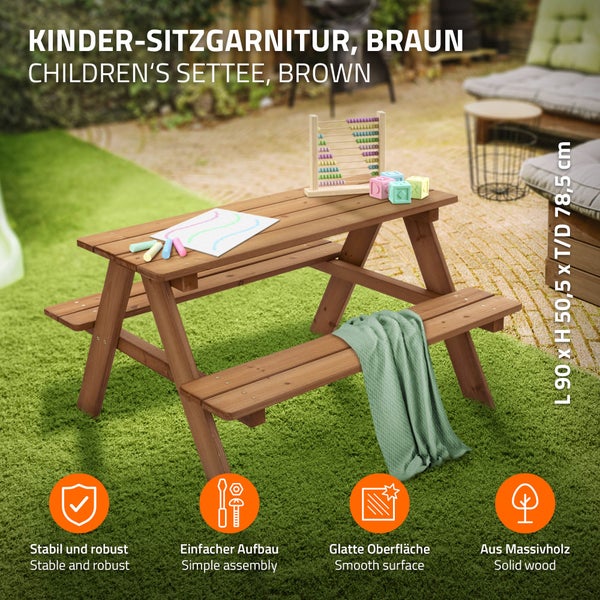 ML-Design Kindersitzgarnitur für Draußen, Braun, Sitzgruppe Outdoor 2 Bänke mit Tisch, Garten Kindersitzgruppe mit 4 Plätzen, Sitzgarnitur für Kinder Massivholz, Picknicktisch Kinder, Spielsitzgruppe