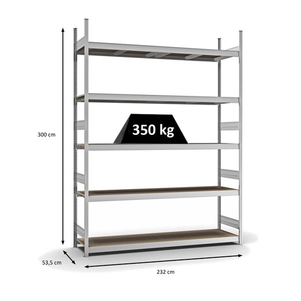 PROREGAL Weitspannregal Stecksystem T-Profil Grundregal HxBxT 300x225x50 cm 5 Ebenen Spanplatten Fachboden Fachlast 350 kg Verzinkt
