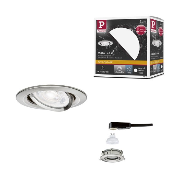 Paulmann Nova Plus LED Einbaustrahler Set aus gebürstetem Eisen, dimmbar, IP65, GU10 flach, 4,9 Watt, 550 Lumen, neutralweiß, mit Verpackung.