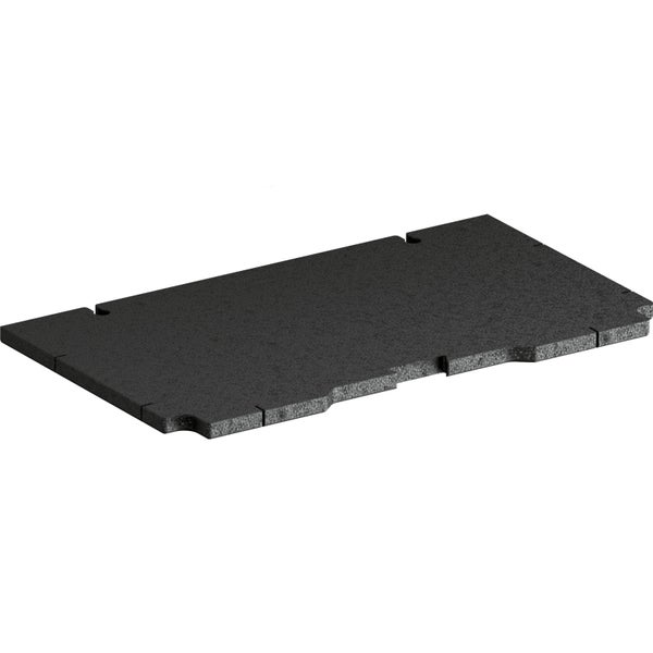 Schwarze Schaumstoffplatte mit seitlichen Aussparungen.