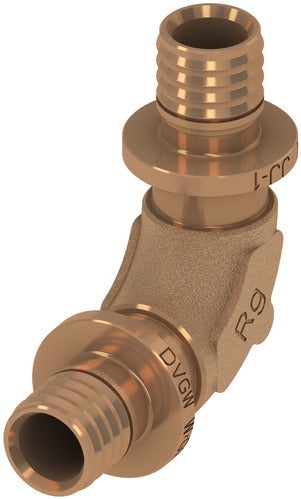 Winkel 90 Grad aus Rotguss für Schiebehülsenverbindung mit DVGW-Zertifizierung.