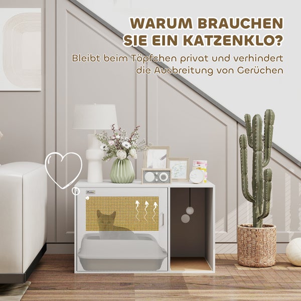 PawHut Katzenklo-Schrank Katzenschrank mit Loch, Katzentoilette mit Tür, Eingang, Kratzpad, Katzenklo Schrank für Katze unter 6 kg, 80 x 50 x 50 cm, Indoor, Weiß