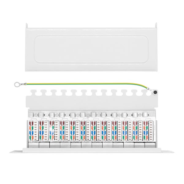 Patchpanel 12 Port Cat 6A, geschirmt, mit Gehäusedeckel und Erdungskabel.