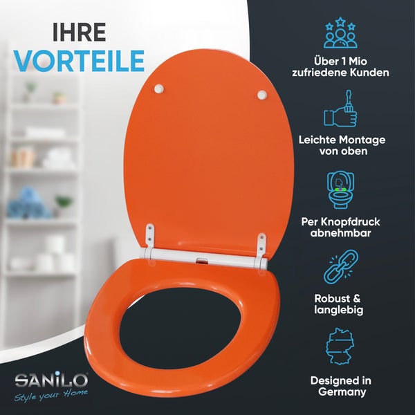 Sanilo Logo. WC-Sitz: Über 1 Million zufriedene Kunden, Montage von oben, abnehmbar per Knopfdruck, robust und langlebig, Design aus Deutschland.