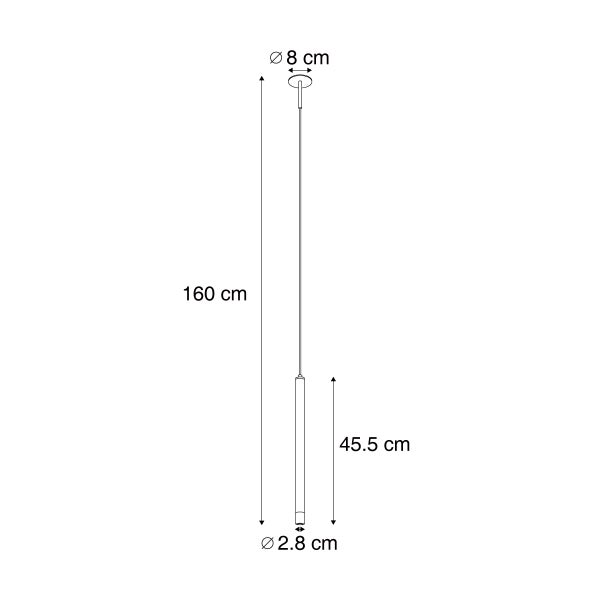 Maßzeichnung einer Pendelleuchte mit Maßen: Gesamthöhe 160 cm, Zylinderlänge 45,5 cm, Durchmesser 2,8 cm, Baldachindurchmesser 8 cm.