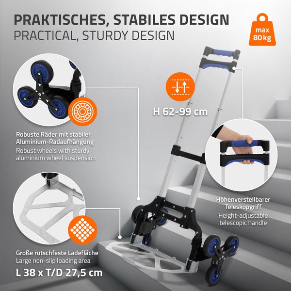 ECD Germany Sackkarre klappbar aus Aluminium, Transportkarre faltbar mit 6 Rädern, bis 80 kg, Treppensackkarre mit Teleskopgriff, Treppensteiger Stapelkarre Handkarre, inkl. Handschuhe & Spanngurt