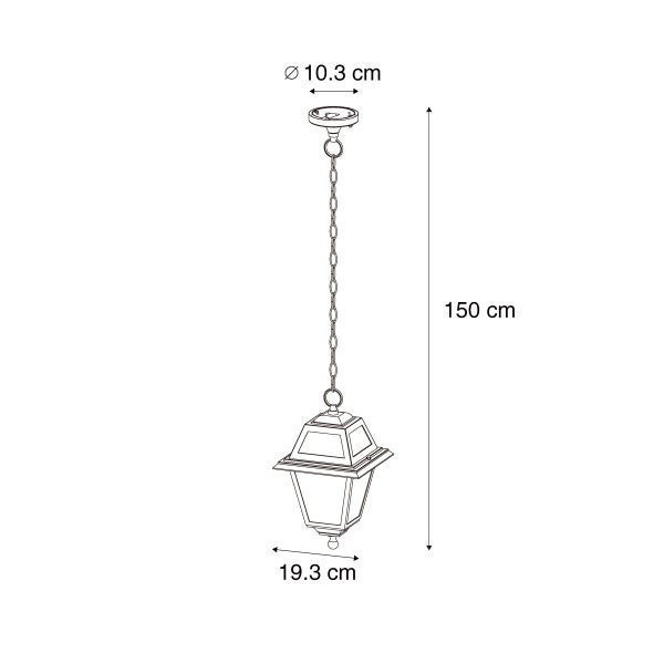 Technische Zeichnung einer Außenpendelleuchte mit Maßen von 150 cm Höhe und 19,3 cm Breite sowie einem Deckendurchmesser von 10,3 cm.