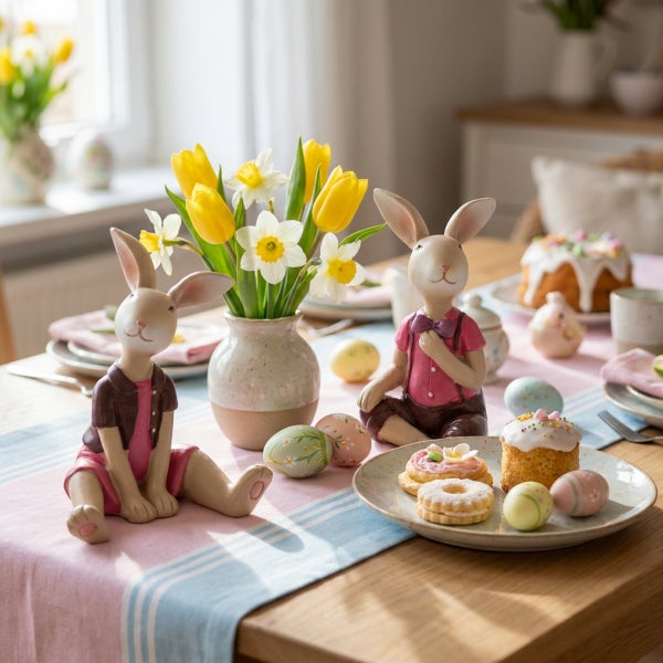 Festlich gedeckter Esstisch mit Osterhasenfiguren, einer Vase mit Tulpen und Narzissen, bunt bemalten Ostereiern und Gebäck zur Osterdekoration.