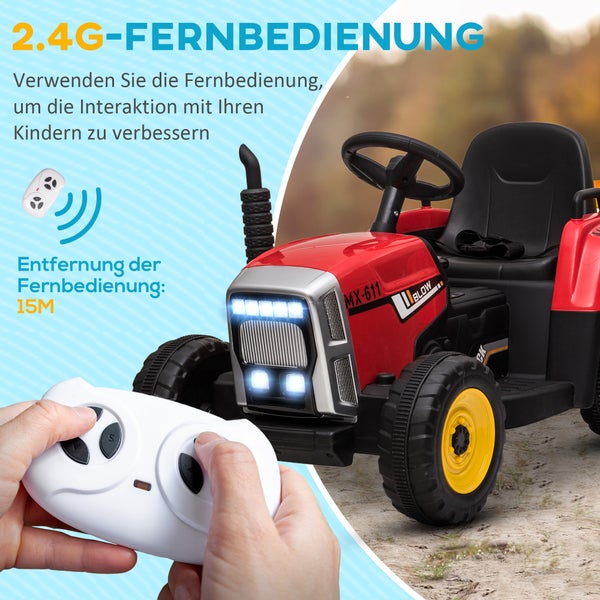HOMCOM Elektrischer Traktor mit Anhänger, Fernbedienung, MP3 Funktion, Scheinwerfer, 3-6KM/H, für 3-6 Jahre Kinder, 136,5L x 50B x 52,5H cm, Kunststoff, Metall, Rot