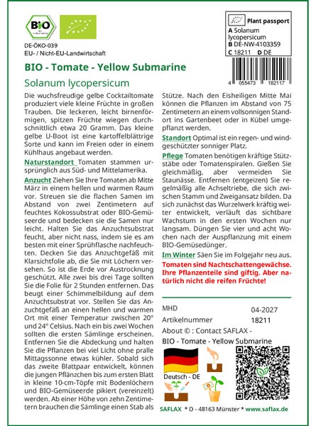 SAFLAX Geschenk Set - BIO - Tomate - Yellow Submarine - Solanum lycopersicum - 10 Samen - Mit Geschenkbox, Versandaufkleber, Geschenkkarte und Anzuchtsubstrat