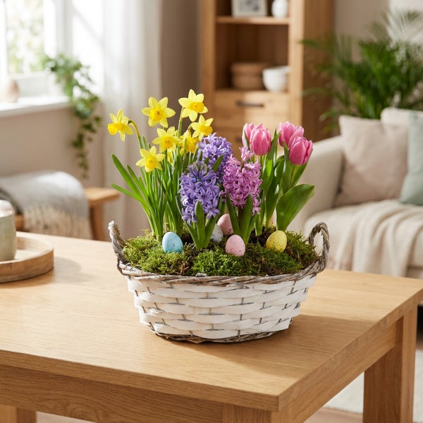 Ostergesteck mit Narzissen, Hyazinthen und Tulpen in einem Weidenkorb auf einem Holztisch dekoriert mit Ostereiern.