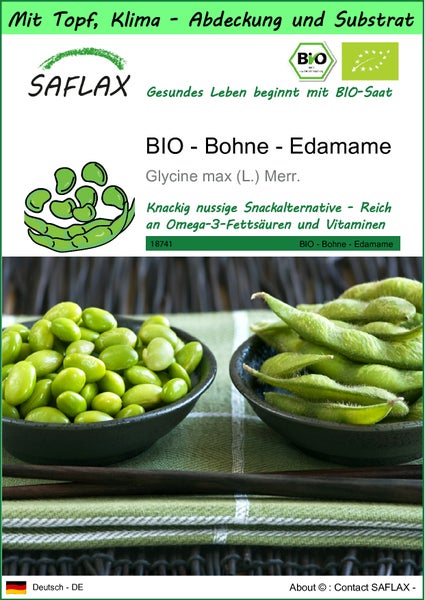 SAFLAX Garden to go - BIO - Bohne - Edamame - Glycine max (L.) Merr. - 8 Samen - Mit Topf, Klima - Deckel und Anzuchtsubstrat