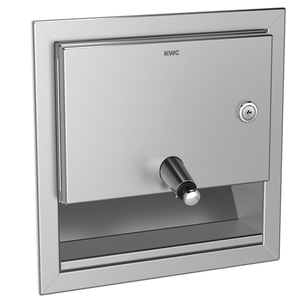 KWC Unterputz Seifenspender aus Edelstahl mit abschließbarer Tür und Entnahmedüse.