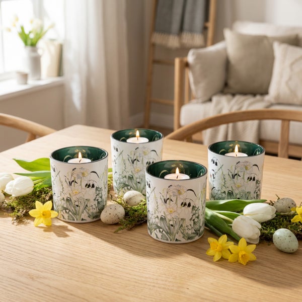 Frühlingshafte Dekoration mit drei Kerzengläsern mit Blumenmotiv, ergänzt durch weiße Tulpen, gelbe Narzissen und Ostereier auf einem Holztisch.