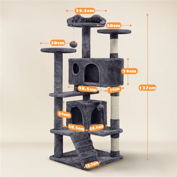 Grauer Katzenkratzbaum mit mehreren Ebenen, Höhlen, Plattformen und Kratzsäulen.