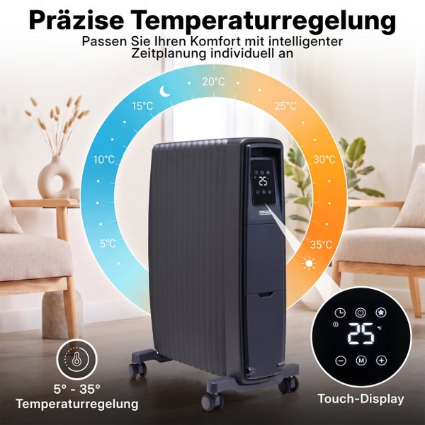 Mobiler Konvektor von Dimplex mit Touch Display zur präzisen Temperaturregelung von 5 bis 35 Grad Celsius und intelligenter Zeitplanung.