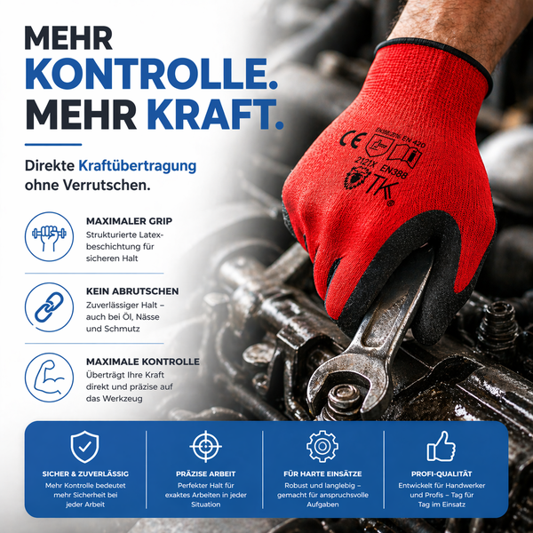 Arbeitshandschuh mit Latexbeschichtung im Einsatz mit einem Schraubenschlüssel an einem Motor. Mit Informationen zu Grip, Kontrolle und Sicherheit.