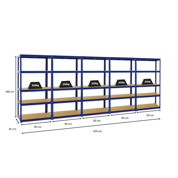 PROREGAL Mega Deal 5x Schwerlastregal Slim Elephant S HxBxT 180 x 90 x 45 cm 5 Ebenen Fachlast 350 kg Blau