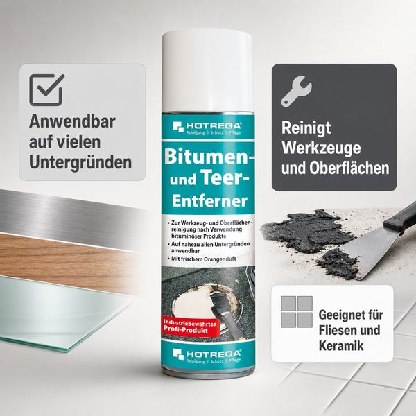 Hotrega Bitumen und Teer Entferner Spray zur Reinigung von Werkzeugen und Oberflächen von Bitumenresten.