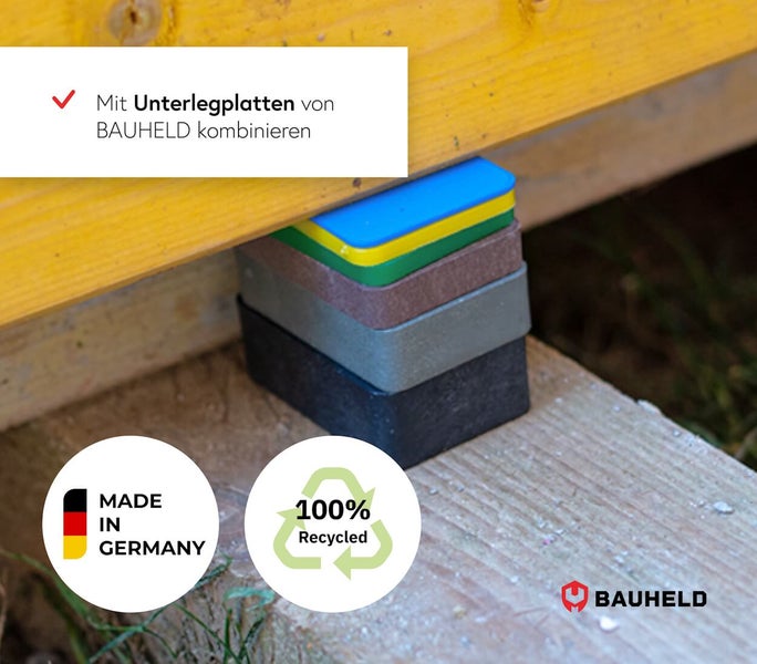 Bauheld Unterlegplatten gestapelt zwischen Holzbalken, Made in Germany Siegel und 100 Prozent recycelt Siegel