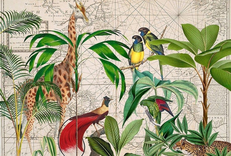Fototapete mit Dschungelmotiven wie Giraffe, Papageien und tropischen Pflanzen auf einer historischen Weltkarte im Vintage-Stil.