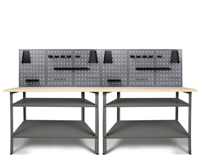 Werkbank mit Werkzeugwand und Regalen für die Werkstatt