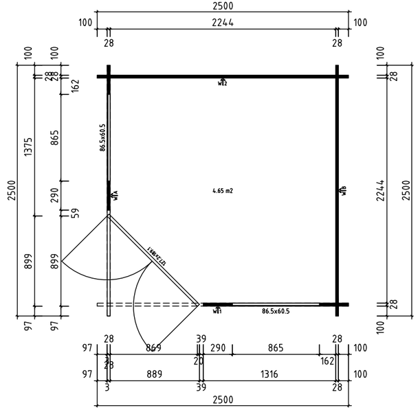 Technischer Grundrissplan für ein Gartenhaus mit Maßangaben in Millimetern und einer Grundfläche von 4,65 Quadratmetern.