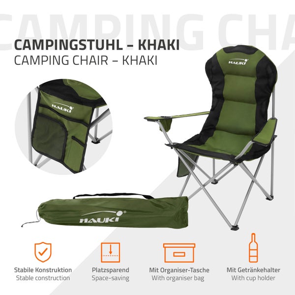 Hauki Campingstuhl faltbar, Khaki, Anglerstuhl mit Getränkehalter & Tragetasche, Gartenstuhl klappbar, bis 150kg, Übergroßer Klappstuhl mit Hochlehner, Gepolster Faltstuhl leicht, Angelstuhl tragbar