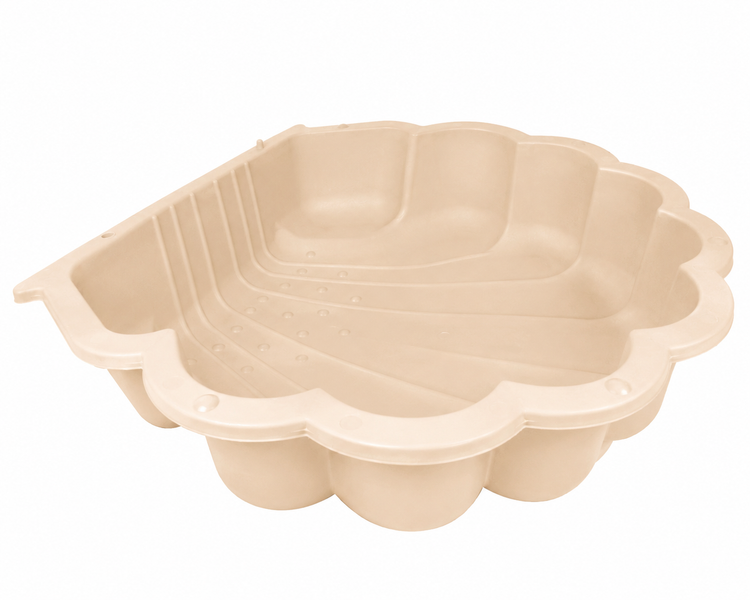 Beiger Sandkasten und Planschbecken in Muschelform aus Kunststoff.