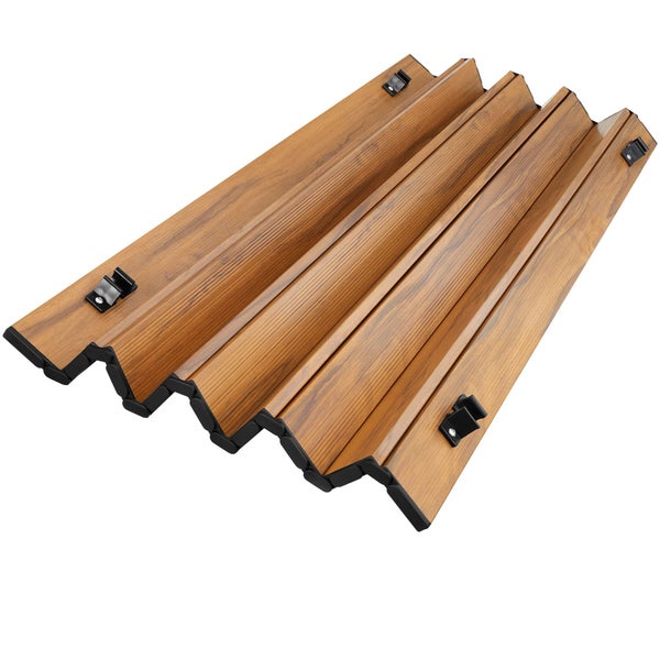 Falttür in Holzoptik mit Lamellen und Gleitern.