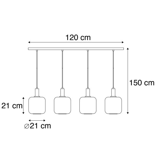 Technische Zeichnung einer Hängelampe mit vier Leuchten, 120 x 150 cm, Leuchtenschirmdurchmesser 21 cm
