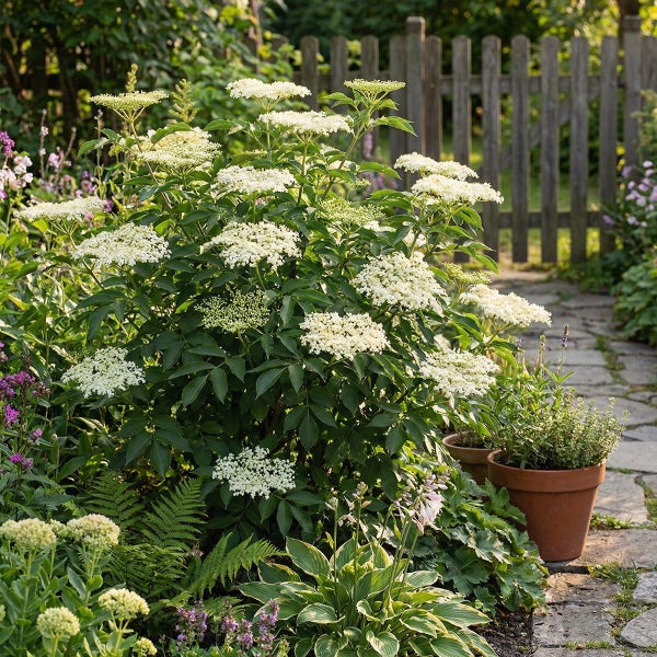 Blühender Holunderbusch mit weißen Doldenblüten in einem Garten mit Steinweg, Tontöpfen und Holzzaun.