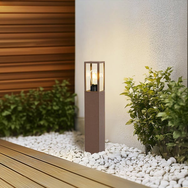 Lindby Außenleuchte Robigus (spritzwassergeschützt (Landhaus, Vintage Rustikal) in Braun aus Aluminium (1 flammig E27) - Wegeleuchte Pollerleuchte Wegelampe Sockelleuchte