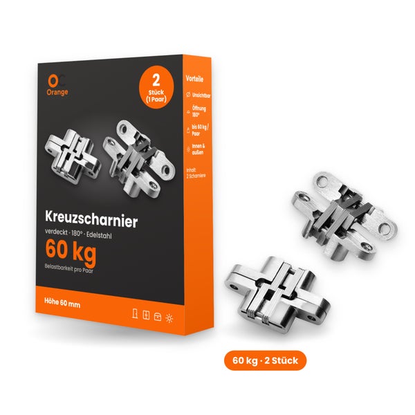 Set mit zwei verdeckten Kreuzscharnieren aus Edelstahl, 60 Kilogramm Tragkraft, 180 Grad Öffnungswinkel, für Innentüren und Außentüren.
