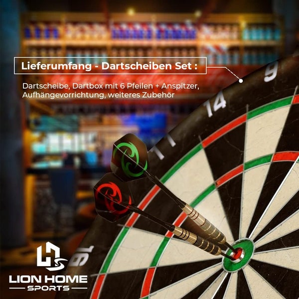 Lieferumfang Dartscheiben Set von LION HOME SPORTS Logo mit Dartscheibe, Dartbox, sechs Pfeilen, Anspitzer, Aufhängevorrichtung und Zubehör.