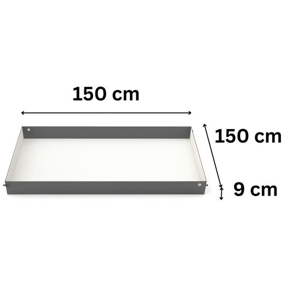 Quadratischer Rahmen mit Abmessungen von 150 Zentimeter mal 150 Zentimeter und einer Höhe von 9 Zentimeter.