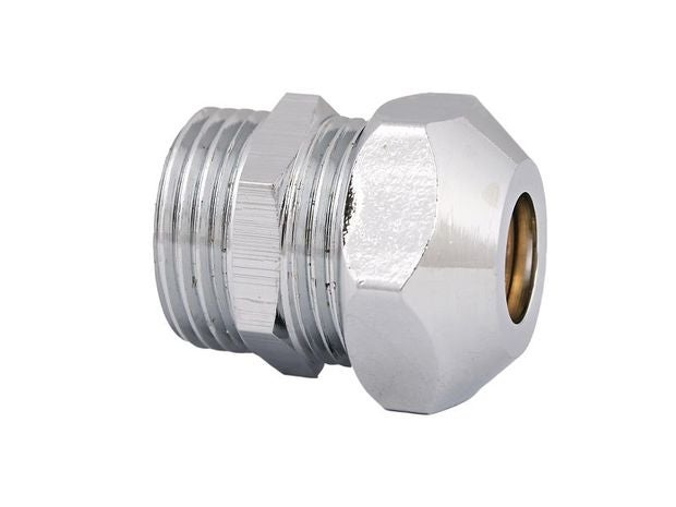 Verchromte Quetschverschraubung aus Metall für Rohrverbindungen.
