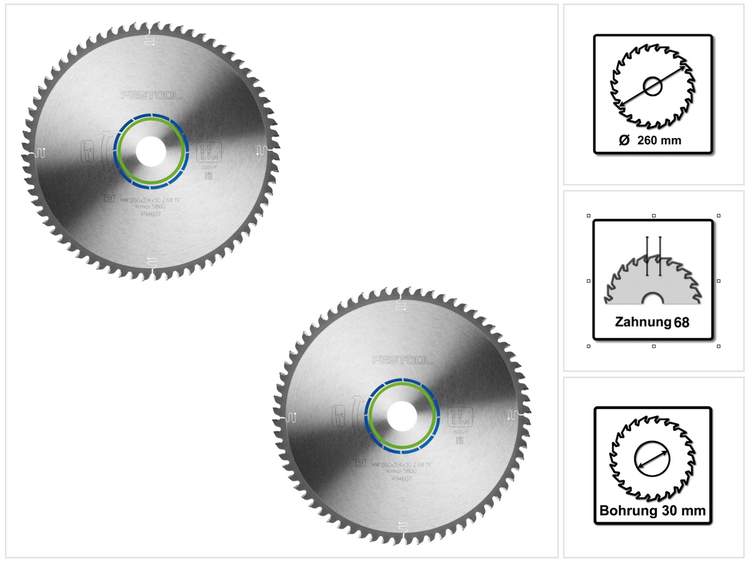 2x Festool Spezial Kreissägeblatt TF68 Alu Kunststoff 260 x 2,4 x 30 mm ( 494607 ) 260 mm 68 Zähne für KS 88 120