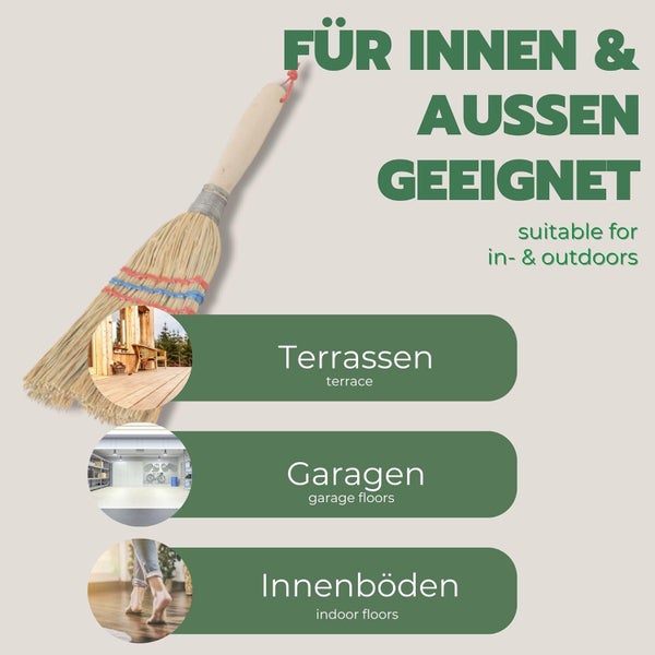 Reisstroh-Handfeger geeignet für innen und außen, ideal für Terrassen, Garagen und Innenböden.