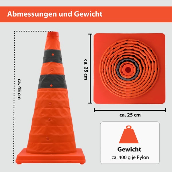 Faltbarer Warnkegel mit Abmessungen 45 Zentimeter Höhe und 25 mal 25 Zentimeter Grundfläche sowie einem Gewicht von 400 Gramm.