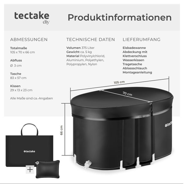 Eisbadewanne tectake Espoo inkl. Tragetasche und Wasserkissen faltbar, mit 3-facher Isolierung schwarz
