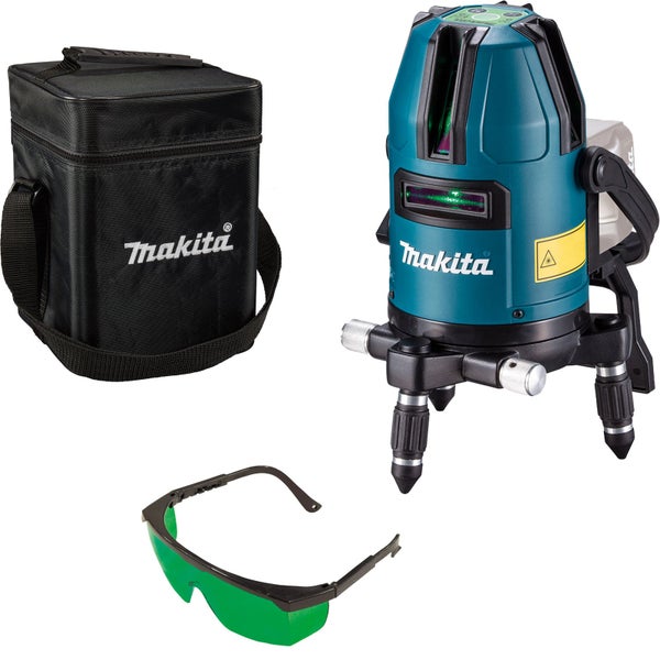 Makita Logo. Abgebildet sind ein Linienlaser, eine Tragetasche und eine Schutzbrille.