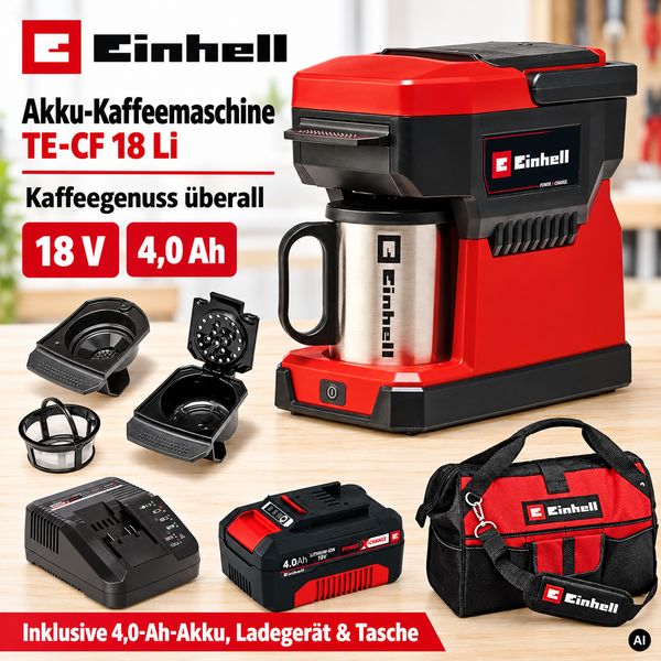 Einhell Akku Kaffeemaschine TE-CF 18 Li mit Edelstahlbecher, 4,0 Amperestunden Akku, Ladegerät und Werkzeugtasche für mobilen Kaffeegenuss