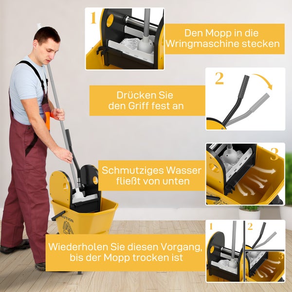 HOMCOM Putzwagen Reinigungswagen 26 Liter Eimer mit Presse, Wischwagen mit Griff und Mopp für Gebäudereinigung Gelb