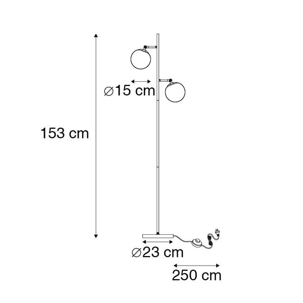 Technische Zeichnung einer Stehlampe mit den Maßen 153 cm Höhe, 15 cm Lampenschirmdurchmesser, 23 cm Basisdurchmesser und 250 cm Kabellänge