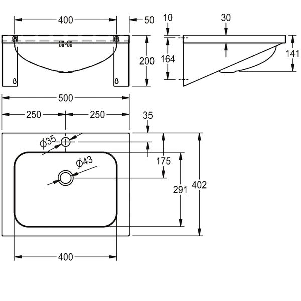 Technische Zeichnung eines Waschbeckens mit Bemaßungen in Millimeter zur Montageplanung.